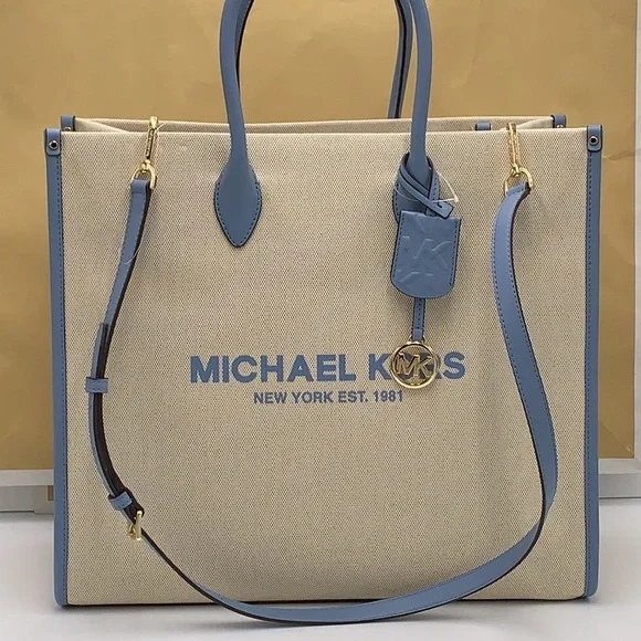 Michael Kors Mirella Large NS Logo Jacquard Tote Crossbody Bag Chambray Blue - Picture 2 of 16